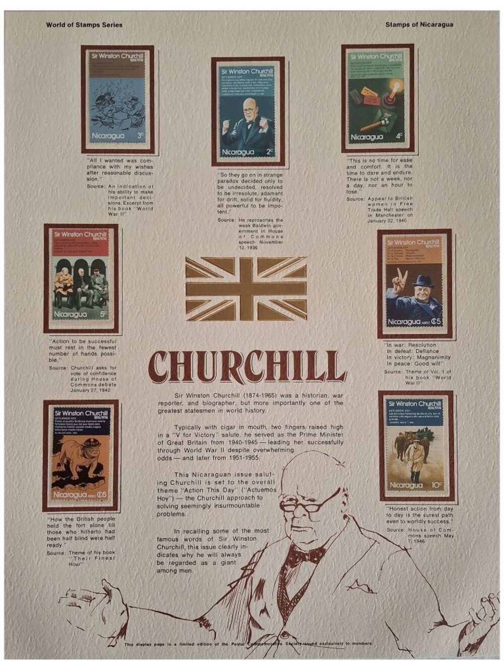 Frameable Wall Art Display Card 10X13 Honoring Winston Churchill Vintage 1974